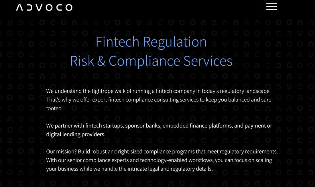 Web Page for Fintech Attorney: Advoco